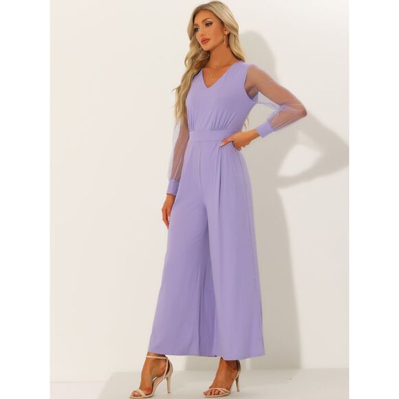 V Neck Mesh Long Sleeve Loose Wide Leg Romper Jumpsuits Light Purple - Picture 2 of 6
